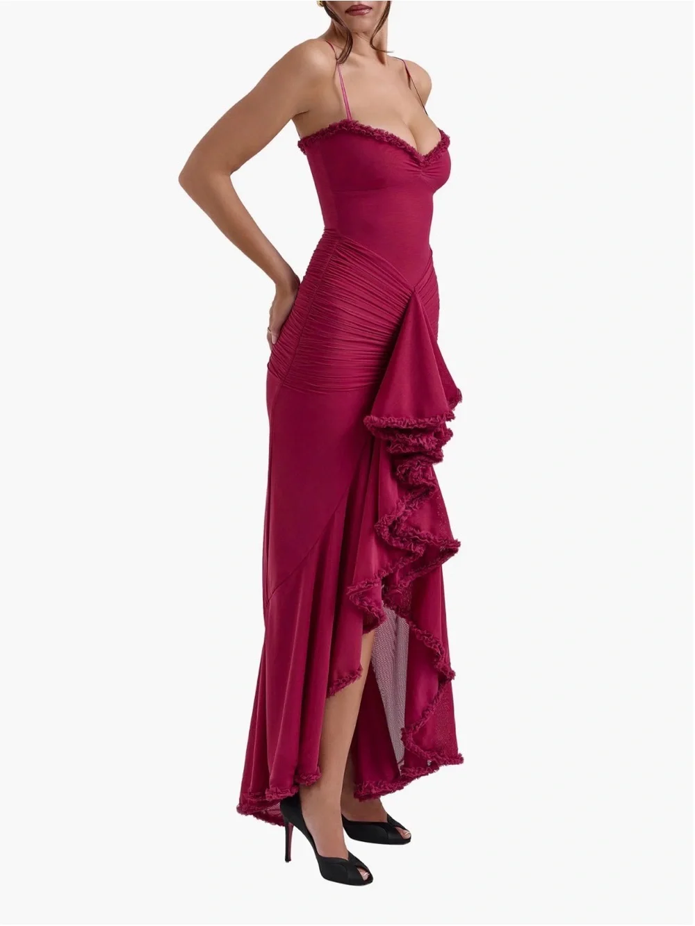 House of Cb “Gabbi” Dark Red- Burgundy Ruched Ruffle Maxi Dress